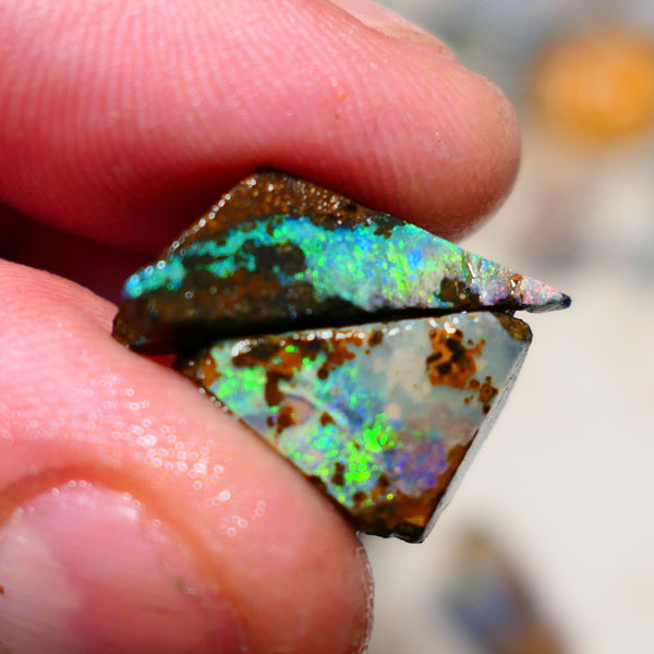 Queensland Boulder opal Stunning pair 17cts rough rubs Winton gorgeous faces with Bright Multifires 22x8x8mm & 17x10x7mm BO-005