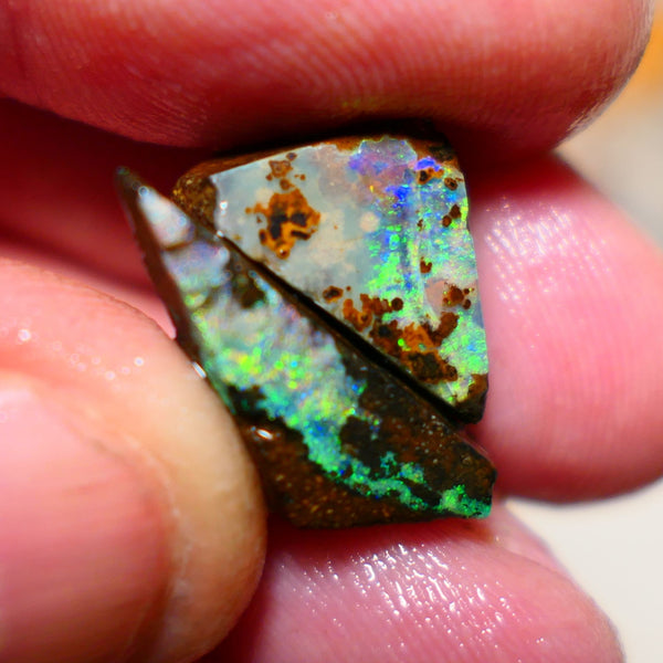 Queensland Boulder opal Stunning pair 17cts rough rubs Winton gorgeous faces with Bright Multifires 22x8x8mm & 17x10x7mm BO-005