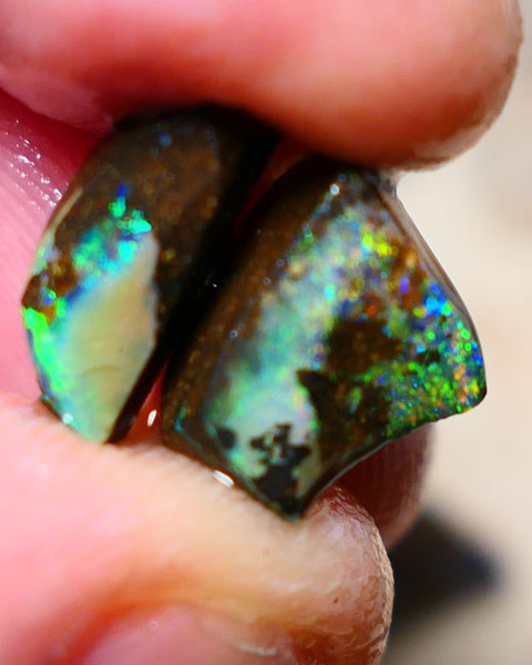 Queensland Boulder opal small pair 7.7cts rough rubs Winton gorgeous faces with Bright Multifires 14x6x4mm & 11x9x5mm BO-003