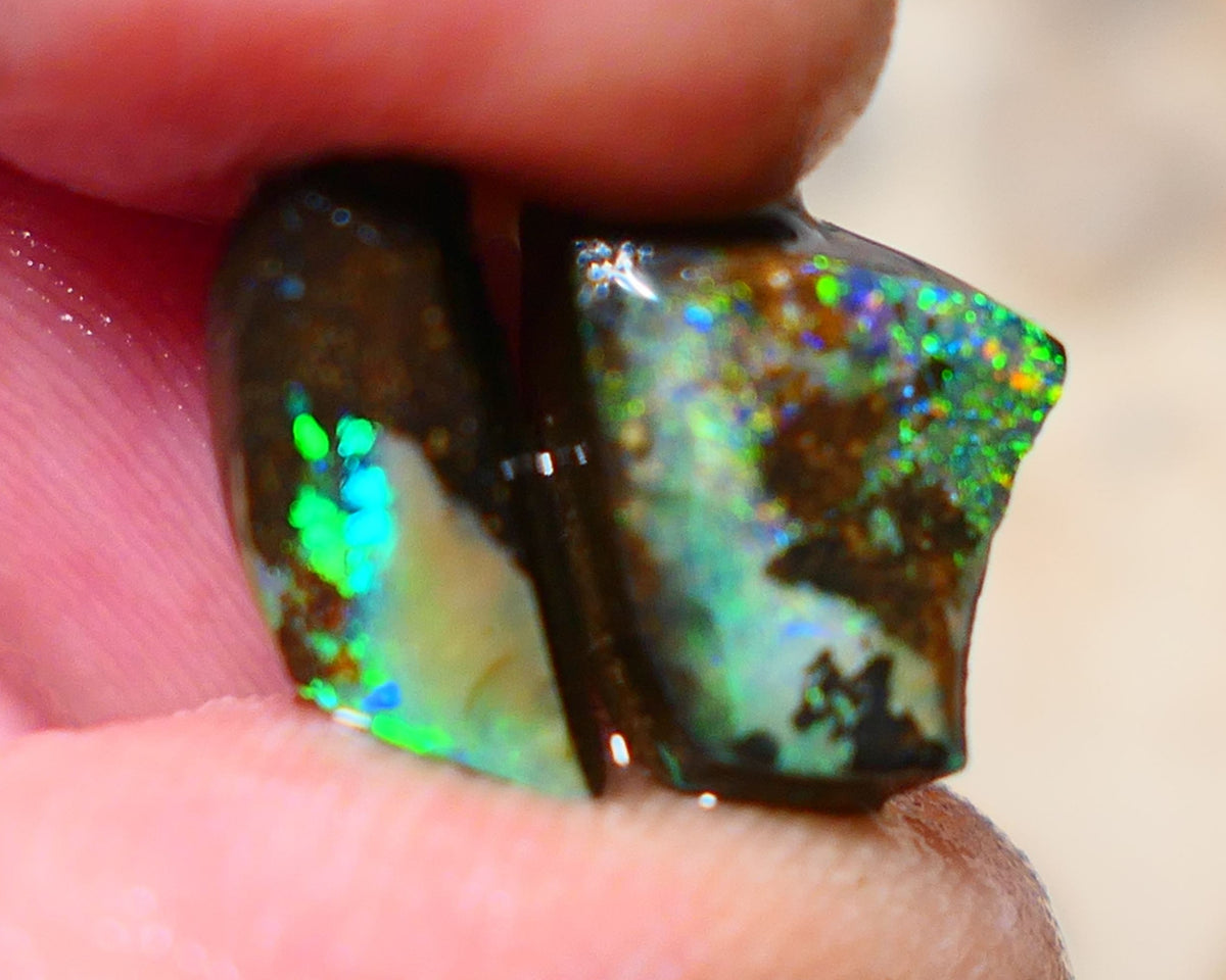 Queensland Boulder opal small pair 7.7cts rough rubs Winton gorgeous faces with Bright Multifires 14x6x4mm & 11x9x5mm BO-003