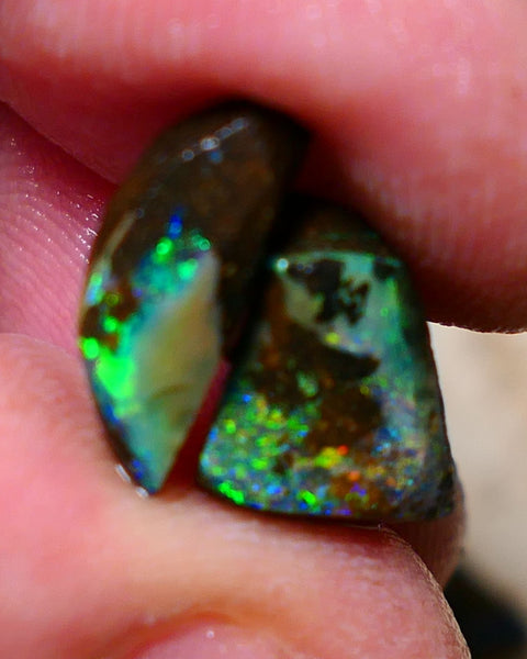 Queensland Boulder opal small pair 7.7cts rough rubs Winton gorgeous faces with Bright Multifires 14x6x4mm & 11x9x5mm BO-003