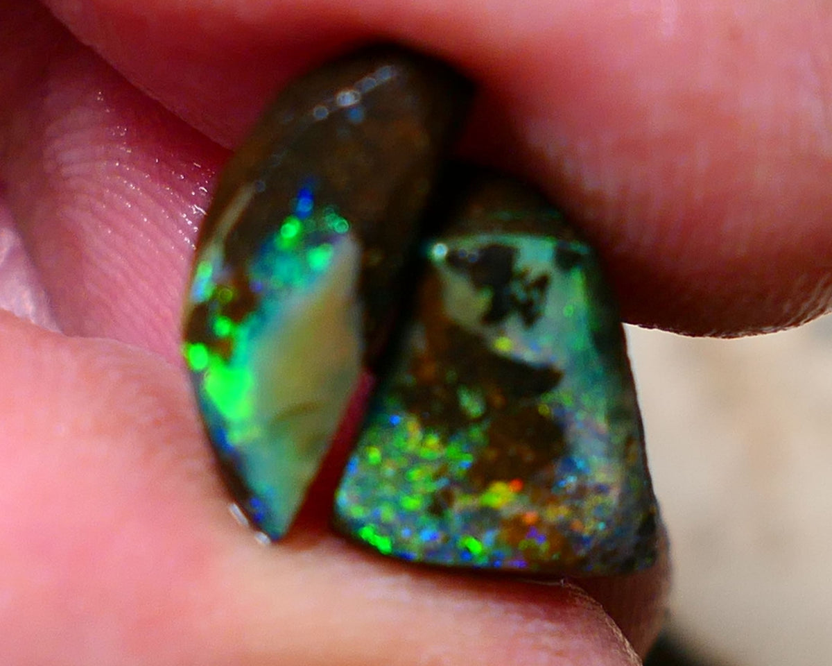 Queensland Boulder opal small pair 7.7cts rough rubs Winton gorgeous faces with Bright Multifires 14x6x4mm & 11x9x5mm BO-003