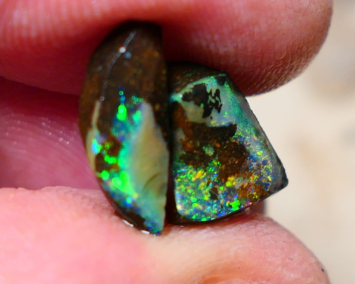 Queensland Boulder opal small pair 7.7cts rough rubs Winton gorgeous faces with Bright Multifires 14x6x4mm & 11x9x5mm BO-003