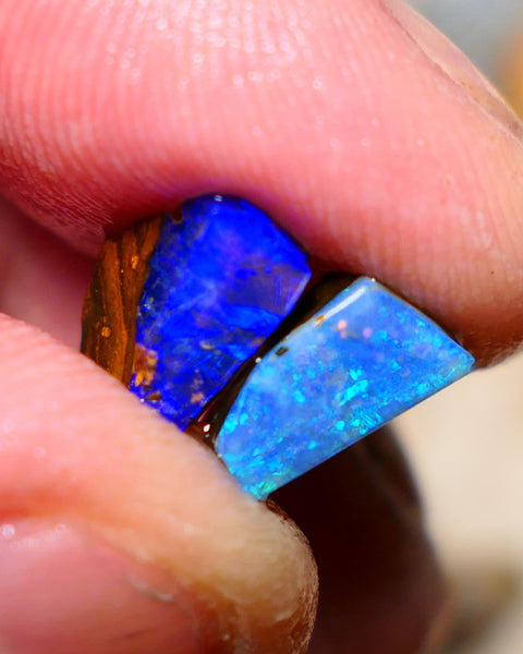 Queensland Boulder opal small pair 6.35cts rough rubs Winton gorgeous faces with Bright fires 13x8x5mm & 10x5x4mm BO-002