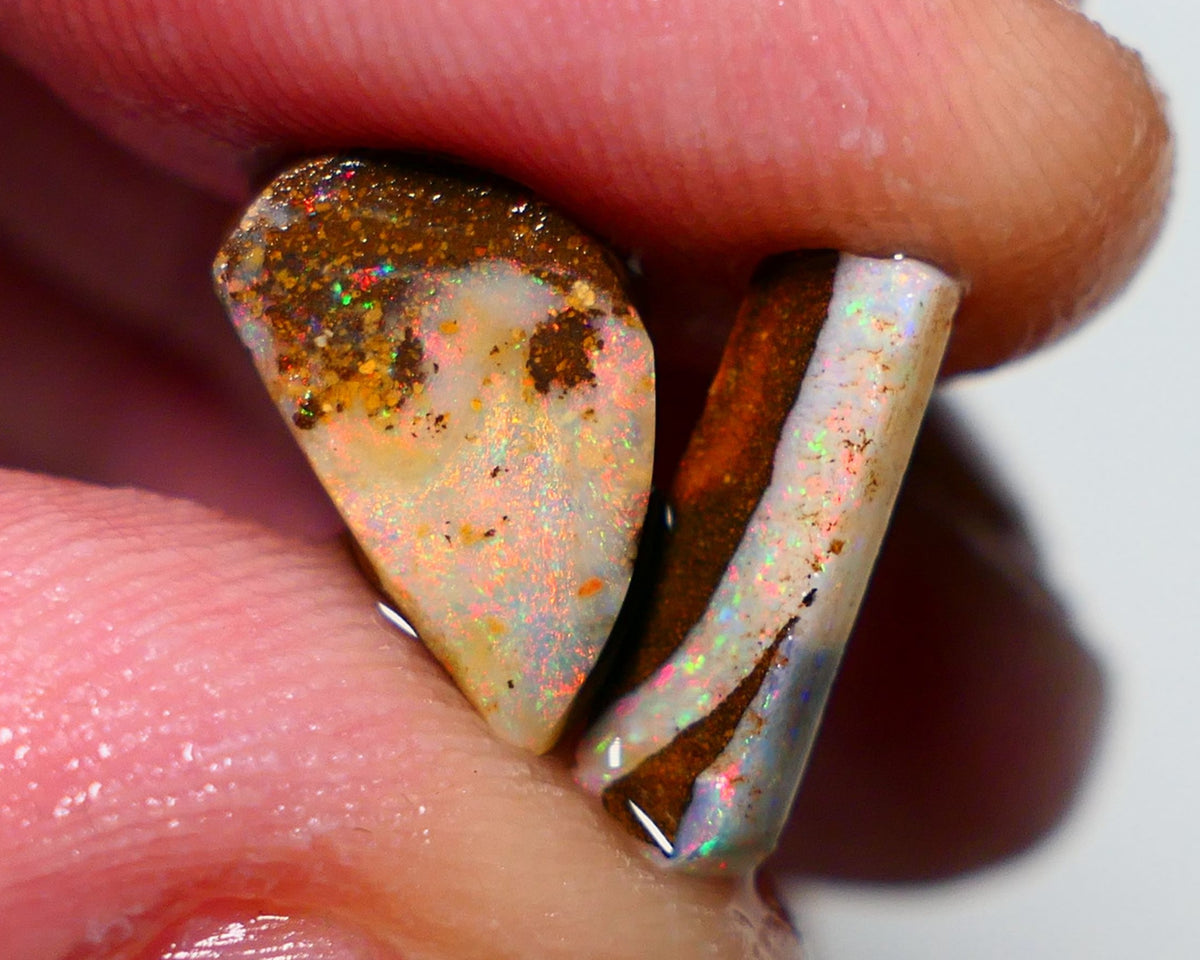 Queensland Boulder opal Stunning pair 7.50cts rough rubs Winton gorgeous faces Orange & Yellow Dominant Bright Multifires 13x7x6mm & 14x4x3.5mm BO-022