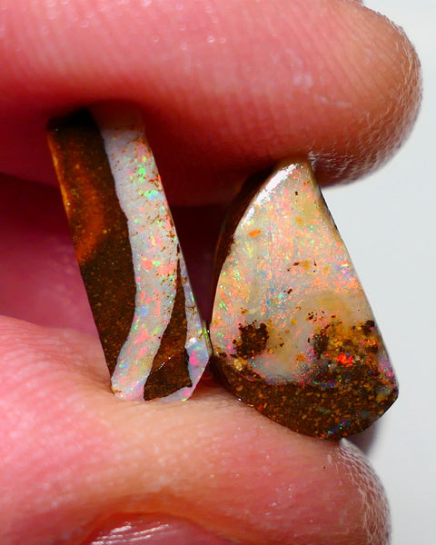 Queensland Boulder opal Stunning pair 7.50cts rough rubs Winton gorgeous faces Orange & Yellow Dominant Bright Multifires 13x7x6mm & 14x4x3.5mm BO-022