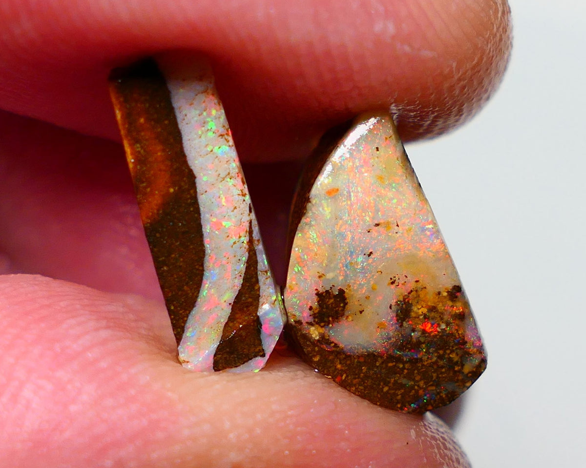 Queensland Boulder opal Stunning pair 7.50cts rough rubs Winton gorgeous faces Orange & Yellow Dominant Bright Multifires 13x7x6mm & 14x4x3.5mm BO-022