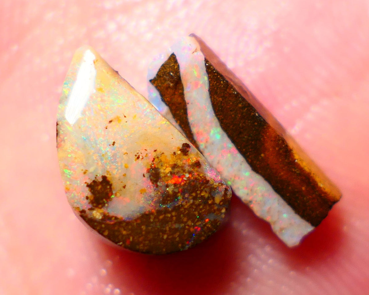 Queensland Boulder opal Stunning pair 7.50cts rough rubs Winton gorgeous faces Orange & Yellow Dominant Bright Multifires 13x7x6mm & 14x4x3.5mm BO-022