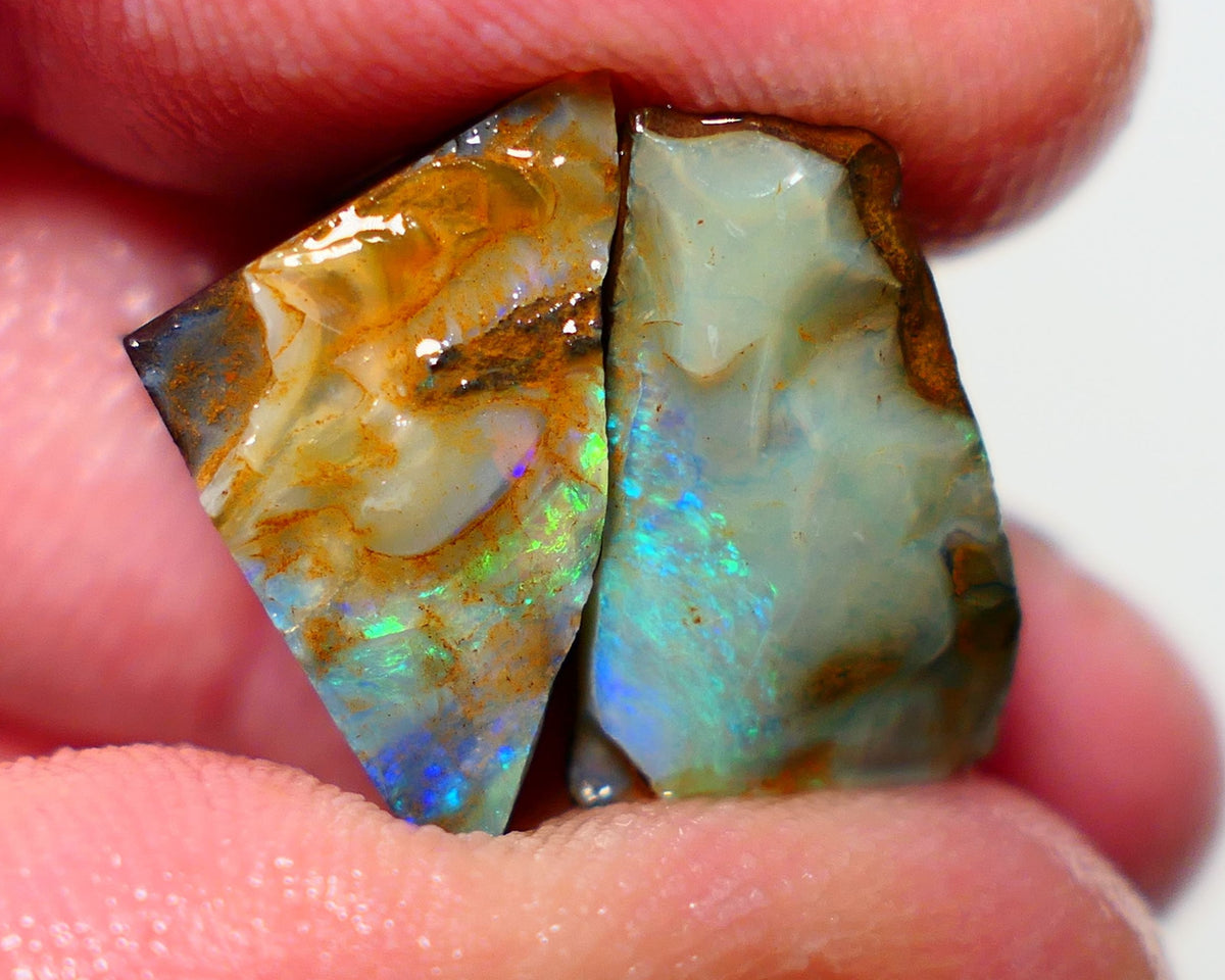 Queensland Boulder opal Stunning pair 30cts rough rubs Winton gorgeous faces with Bright Multifires 19x11x10mm & 16x12x10mm BO-019