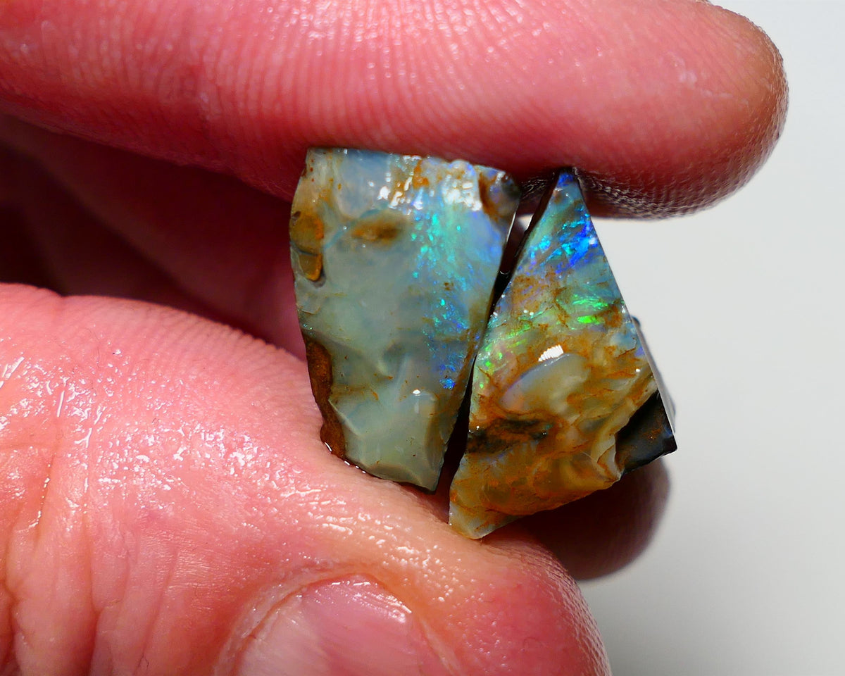 Queensland Boulder opal Stunning pair 30cts rough rubs Winton gorgeous faces with Bright Multifires 19x11x10mm & 16x12x10mm BO-019