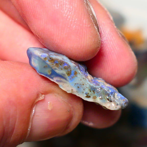 Lightning Ridge Rough Opal 18cts Dark Seam opal formation showing lots of light blues 27x19x7mm 1402