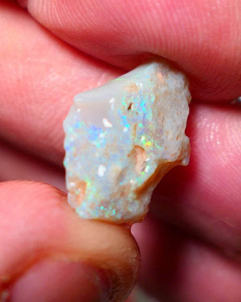 Lightning Ridge Rough Opal 5.25cts Dark base Seam showing bright Green blues Teal colours  20x13x4mm A1528