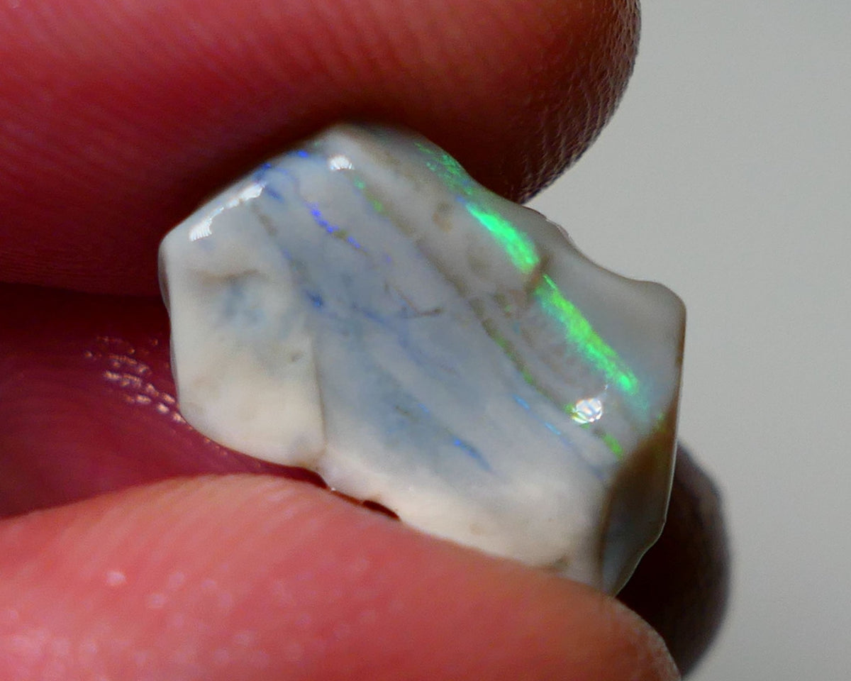 Lightning Ridge Rough Opal 3.25cts Dark Base Seam showing Stunning Banding Of Vibrant Electric Greens & some blues 15x9x3mm A1543