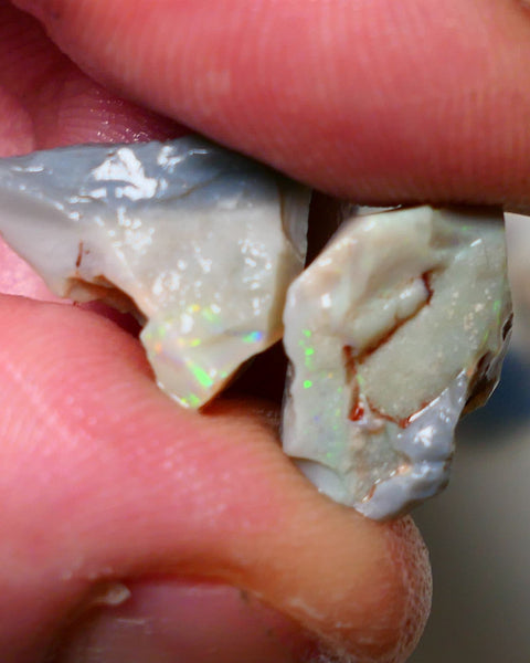 Lightning Ridge Rough Opal pair 14cts Gamble Dark Base Seam some Multifires showing 17x13x9mm & 17x15x5mm NS006