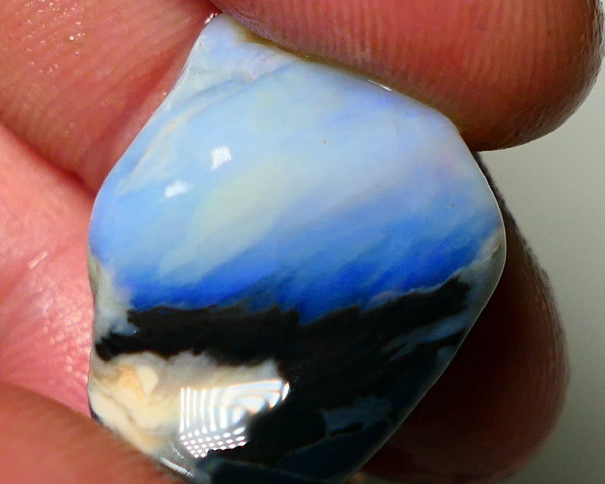 Lightning Ridge Rough Opal 27cts Lots blues in crystal sat on Black base Gamble Seam Chunk 24x18x15mm NS054