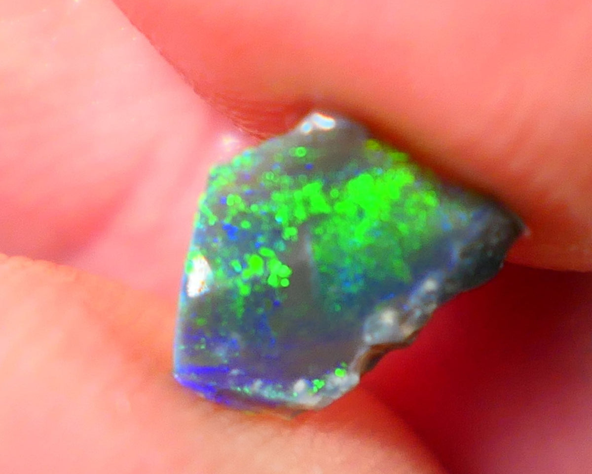 Mulga® Green/Blue dominant Multifires on Black Opal Rough Rub Miners Bench® 0.75cs Gorgeous face 10x6x2mm NS153