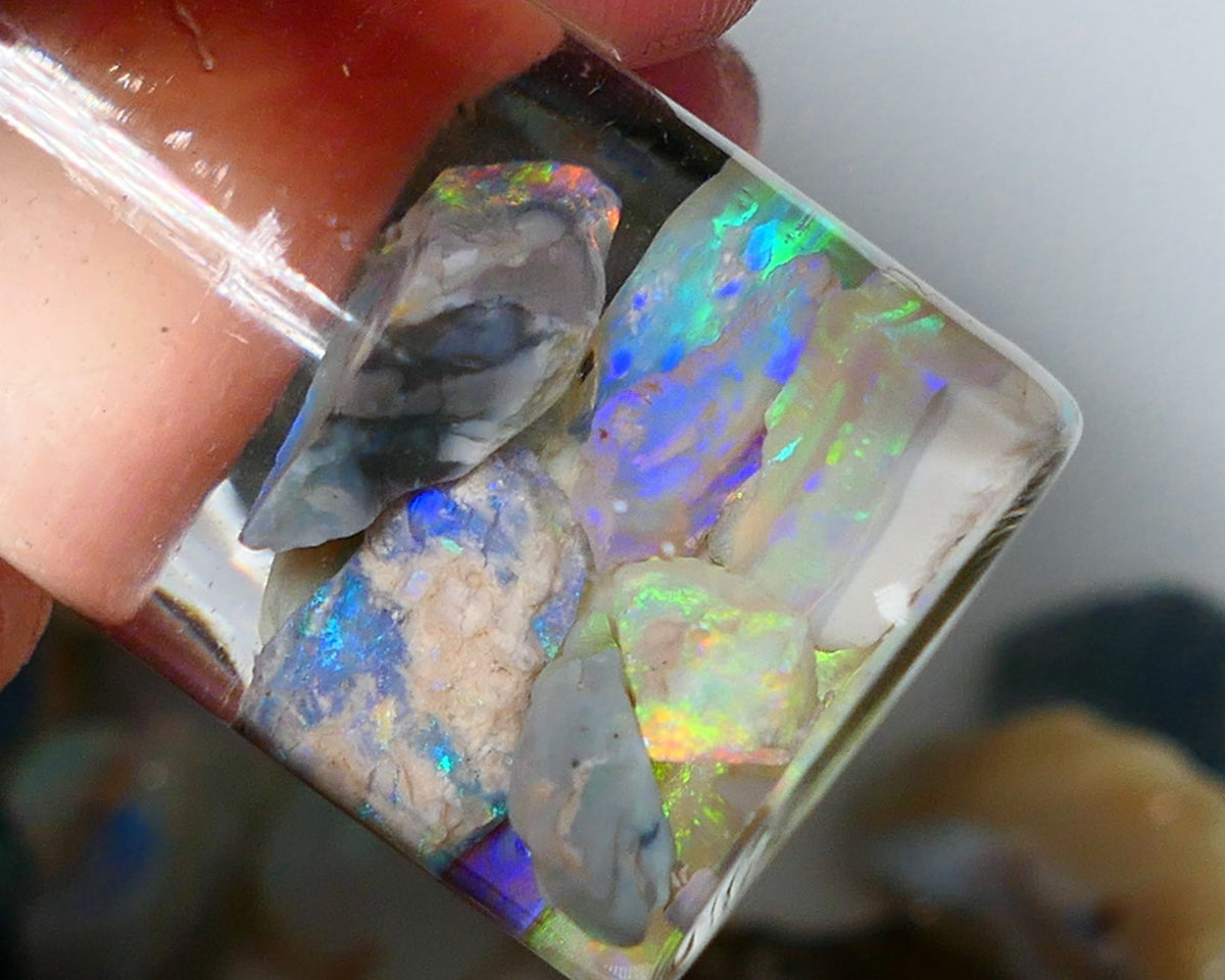 Lightning Ridge Rough Opal CANDY CHIPS 12.75cts mixed Base  gorgeous Multifires showing 10mm to chip size  Auction NS175