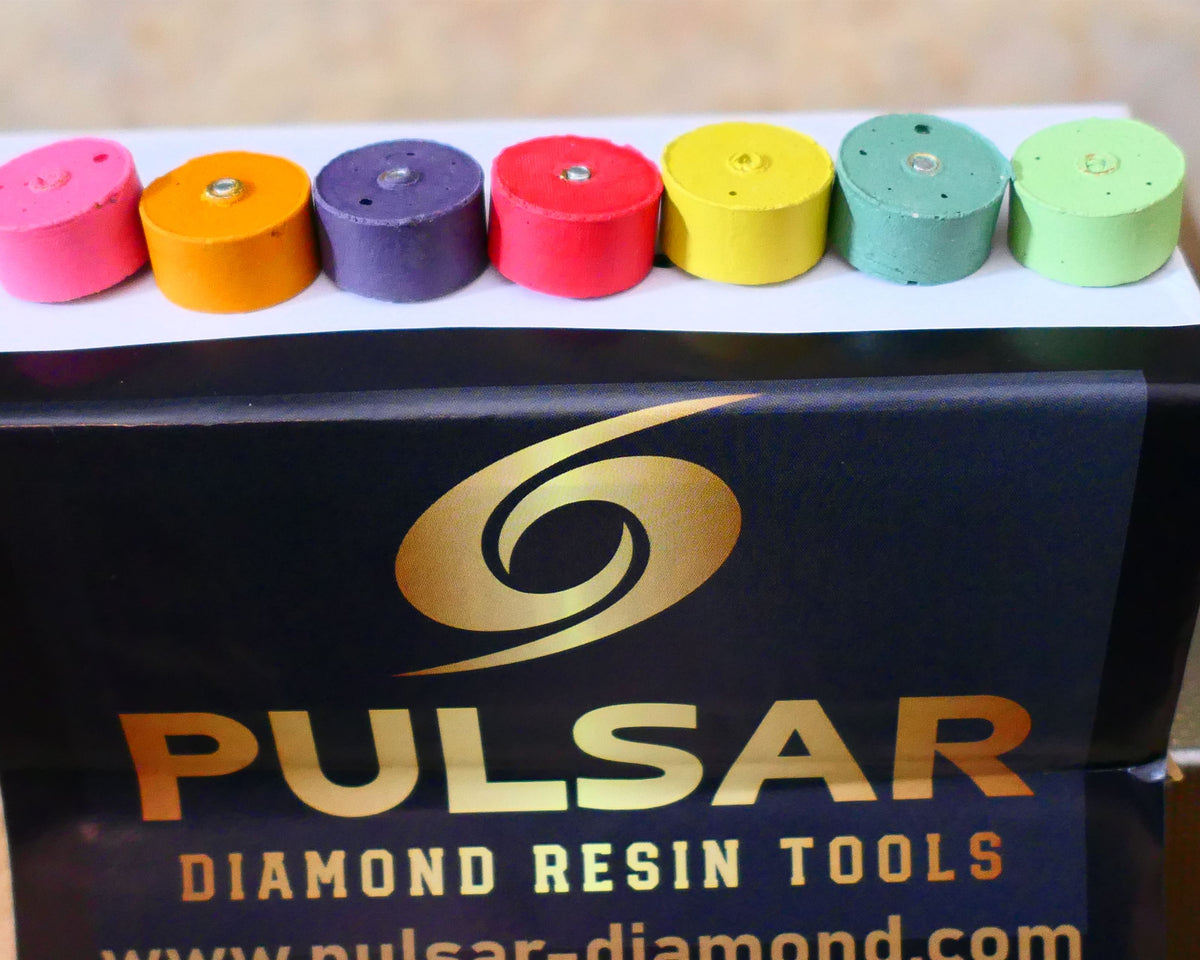 PULSAR DIAMOND® Mk2 Little Ripper™ Hub Drive Diamond Resin Wheels 7 Piece Sets 200Grit to 10,000 Grit IN STOCK READY TO SHIP 2.35mm or 3mm mandrels 20x10mm Soft-Touch Resin Lapidary Burr For Rotary Tools carving