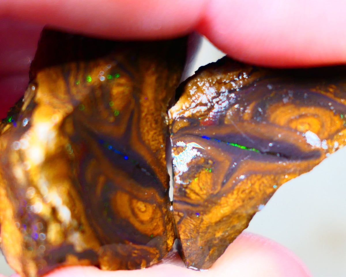 Winton Boulder opal rough split pair Ironstone host 115.00cts Green & Blue fires 32x19x18mm & 26x12x13mm Auction68