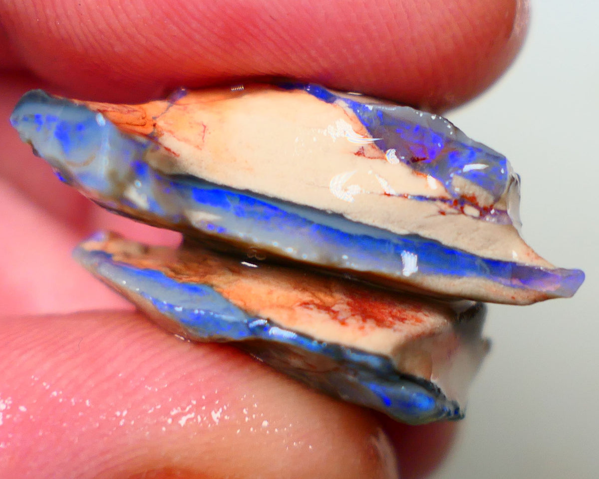 Lightning Ridge Dark base seam opals fresh from the mine walls 23.50cts Gorgeous Blue fires 28x14x10mm & 23x15x7mm Auction176