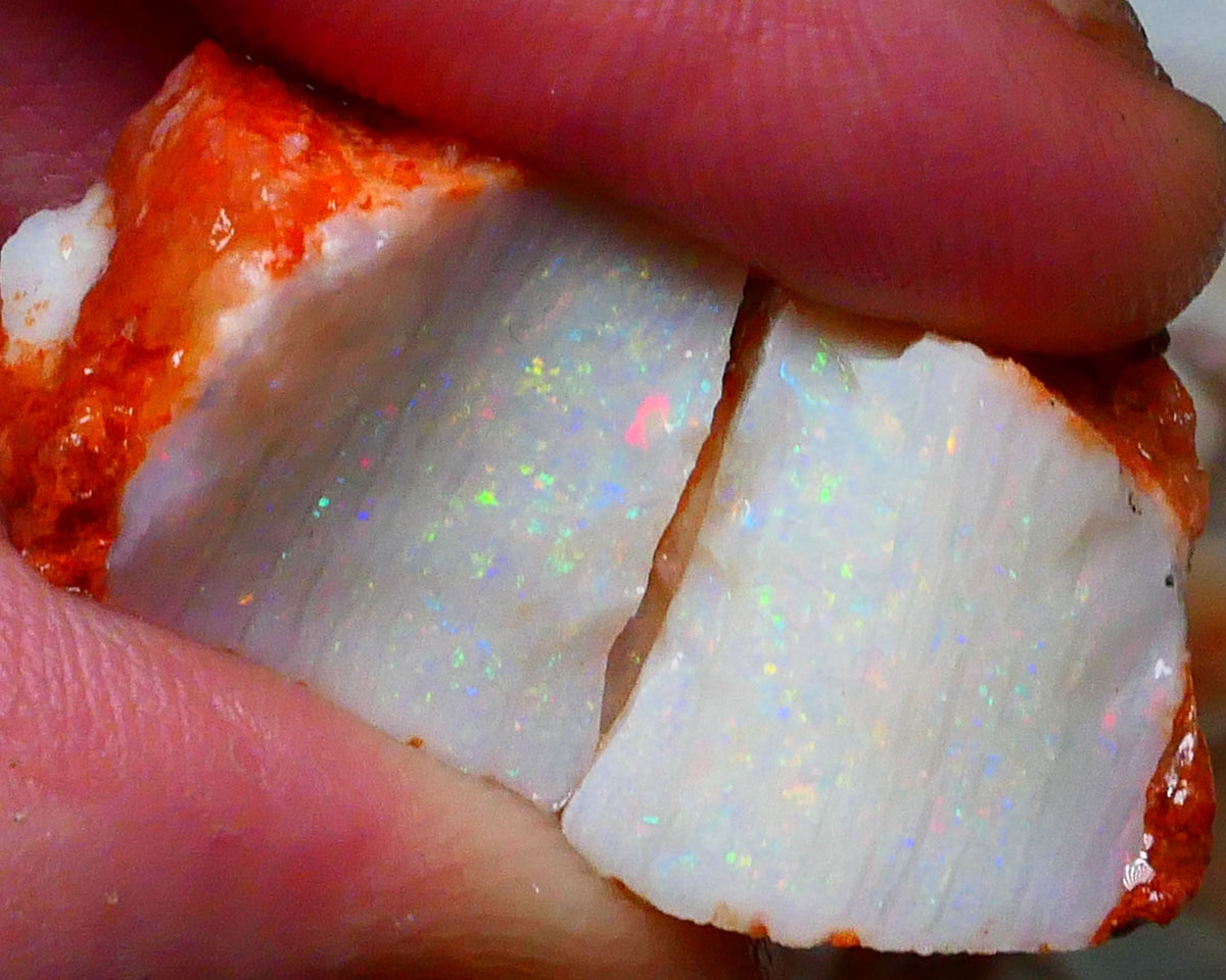 Reds & Multifires Coober Pedy Light base Crystal Seam Split pair 51.00cts Big Thick Phat bars full of colours to cut 20x18x14mm & 16x16x10mm NSW114