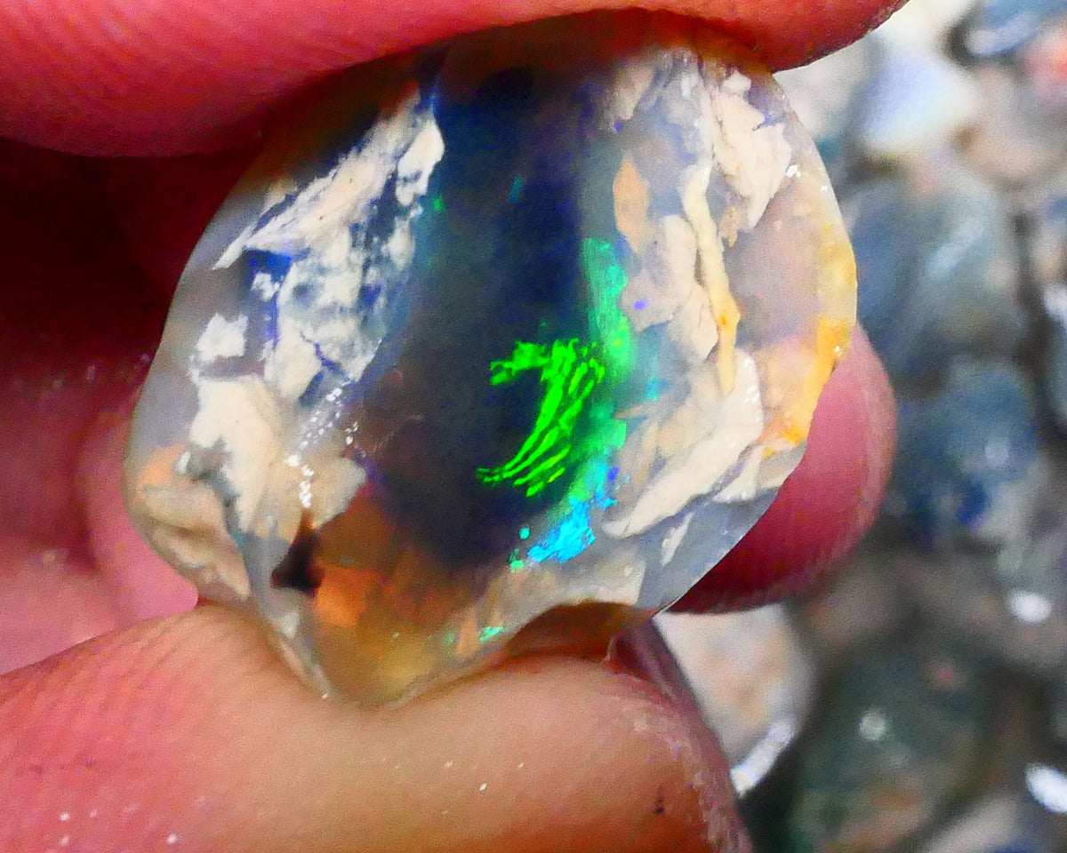 Lightning Ridge Dark Crystal base Knobby split 25.50cts Sun Flashes & Patterns of Green/Yellow/Orange/Blue dominant M.fires 24x19x12mm & 22x13x12mm NSW105