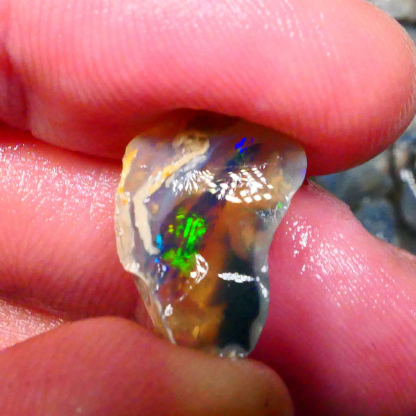 Lightning Ridge Dark Crystal base Knobby split 25.50cts Sun Flashes & Patterns of Green/Yellow/Orange/Blue dominant M.fires 24x19x12mm & 22x13x12mm NSW105