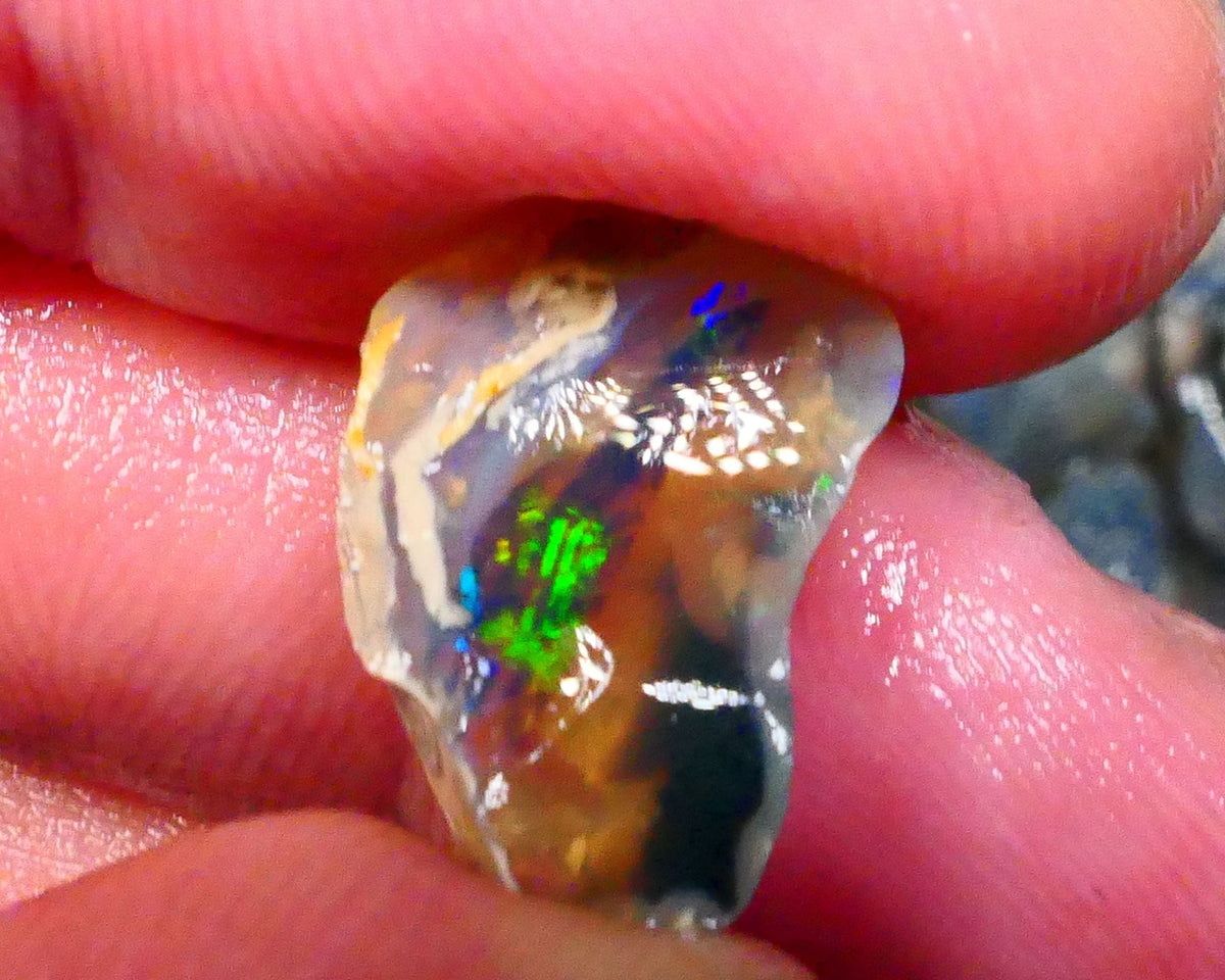 Lightning Ridge Dark Crystal base Knobby split 25.50cts Sun Flashes & Patterns of Green/Yellow/Orange/Blue dominant M.fires 24x19x12mm & 22x13x12mm NSW105