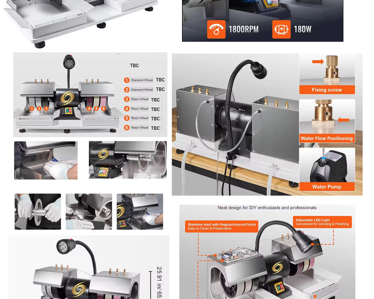 PULSAR DIAMOND™ "Slick 6 Pro PLUS" Cabbing Machine 6 wheels x 6"/150mm 2 x Sintered Diamond wheels & 4x REZ Pro Diamond Resin wheels plus Sintered Diamond saw & table , Flat lap & More . Lapidary Cab Cabber Grinding Polishing