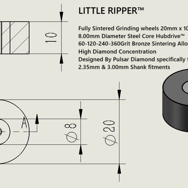 New for 2025 PULSAR DIAMOND® Fully Sintered Grinding wheels 20mm x 10mm 60-120-240-360Grit Bronze High Diamond Concentration Designed for opal LITTLE RIPPER™ Hubdrive™ M3 Screw on Grinding/Burr wheels Lapidary rotary tools carving 2.35mm or 3.00mm shanks