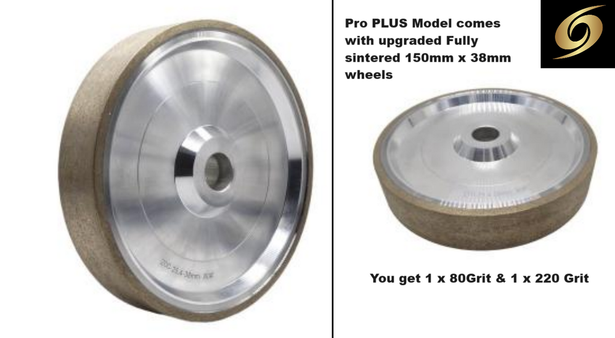 PULSAR DIAMOND™ "Slick 6 Pro PLUS" Cabbing Machine 6 wheels x 6"/150mm 2 x Sintered Diamond wheels & 4x REZ Pro Diamond Resin wheels plus Sintered Diamond saw & table , Flat lap & More . Lapidary Cab Cabber Grinding Polishing