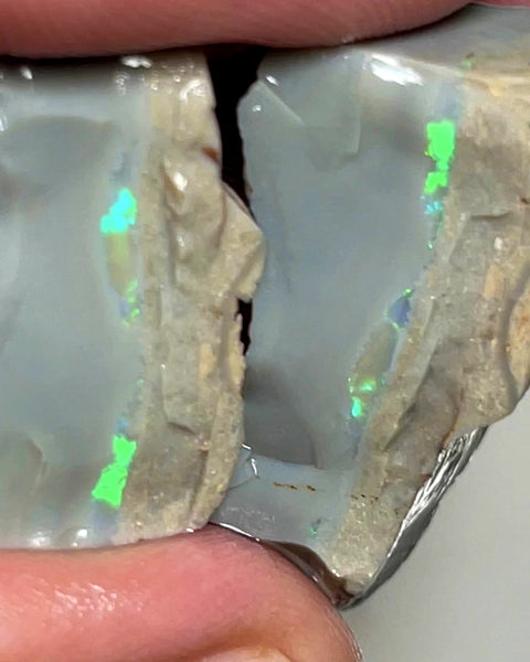 Lightning Ridge Rough Opal 71cts Stunning Dark Base Thick Seam Split showing nice Green dominant Multifires bars 27x22x10mm & 20x17x11mm WAD10