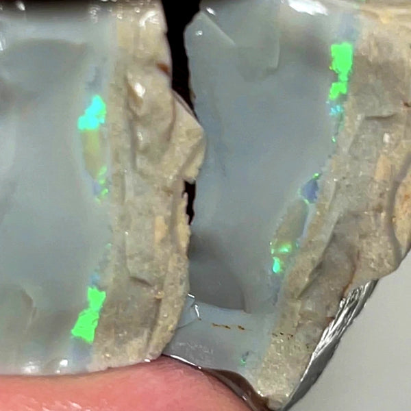 Lightning Ridge Rough Opal 71cts Stunning Dark Base Thick Seam Split showing nice Green dominant Multifires bars 27x22x10mm & 20x17x11mm WAD10