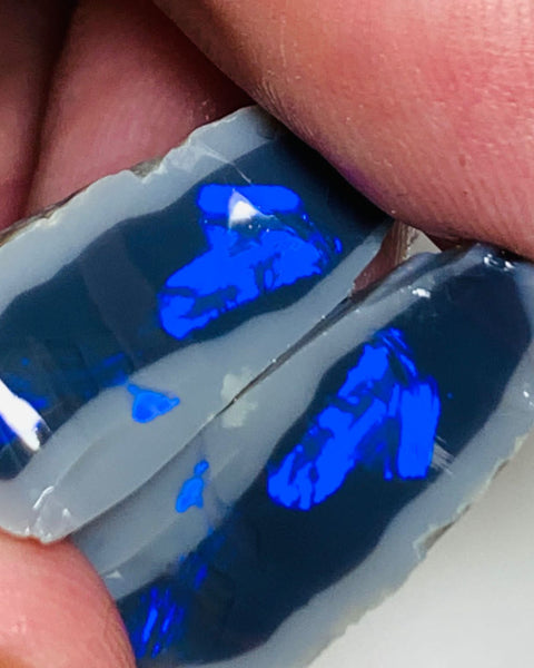 Lightning Ridge Rough Opal N2 Black Knobby Split pair 35cts High Grade Stunning Royal Blue fires in bars 25x16x10mm & 22x10x9mm WSS88