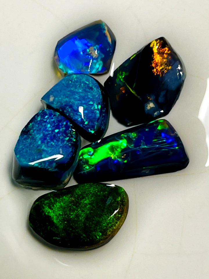 Lightning Ridge Small Opal Rough/Rub/Preforms Parcel Blacks From the Miners Bench® 9.5cts Gorgeous Bright fires 12x7x2.5mm to 8x7x3mm WAC20