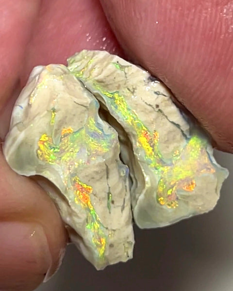 Lightning Ridge Rough Opal Dark Base Knobby Formation Split Pair 17.5cts Yellow/Orange Dominant Multifires 20x14x8mm & 17x10x7mm WAC05