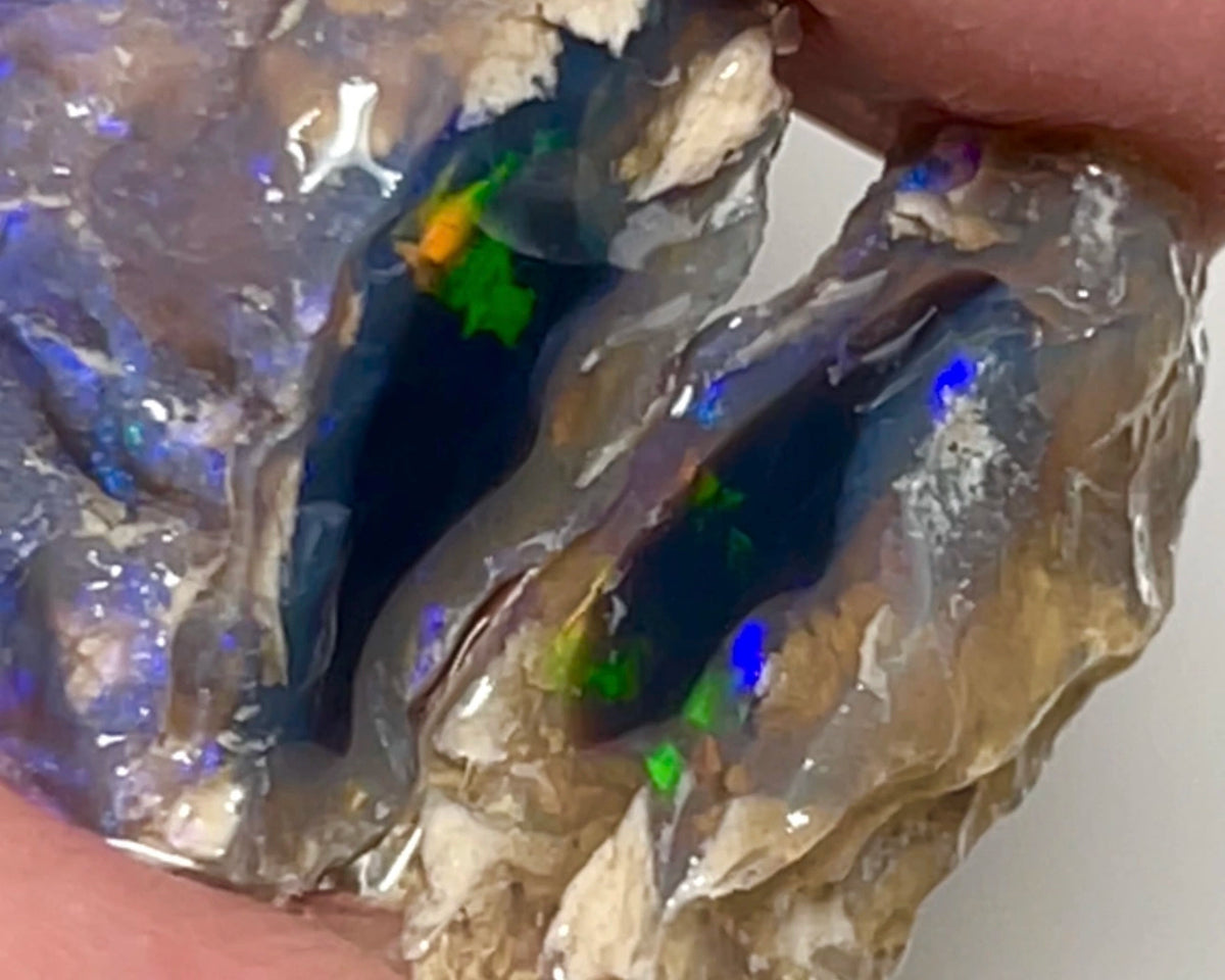 Lightning Ridge knobby opal rough 15.75cts Sun flashes of Multifires sat on black center 20x12x7 & 15x5x4mm NSW090