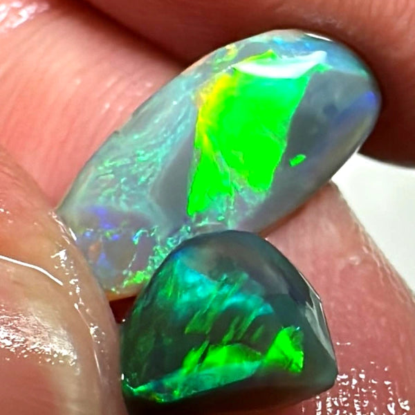 Lightning Ridge Rough / Rub Dark opal Pair Miners Bench®  3.1cts Exotic Super Bright Vibrant & Vivid Multifires  13x6x2mm & 8x6x3mm WAB55