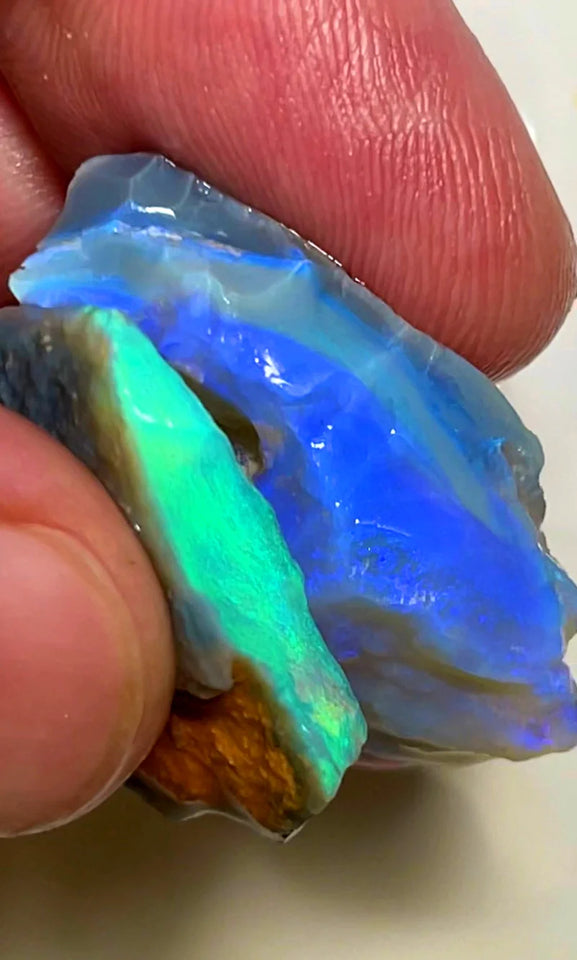 Lightning Ridge Rough Opal Pair Dark Base Seams 38cts Cutters High Grade Bright Fires / Multifires in bars 32x18x10mm & 24x20x4mm WAB71