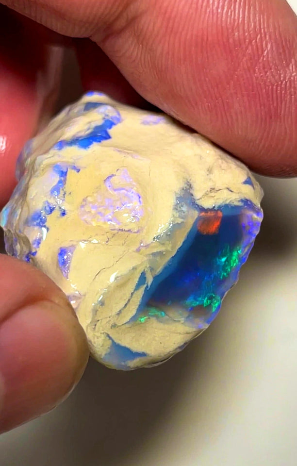 Lightning Ridge Rough Opal Dark Base Crystal Big Knobby 70cts Blues Red Green Multifires in stunning bar  35x25x15mm WAB92