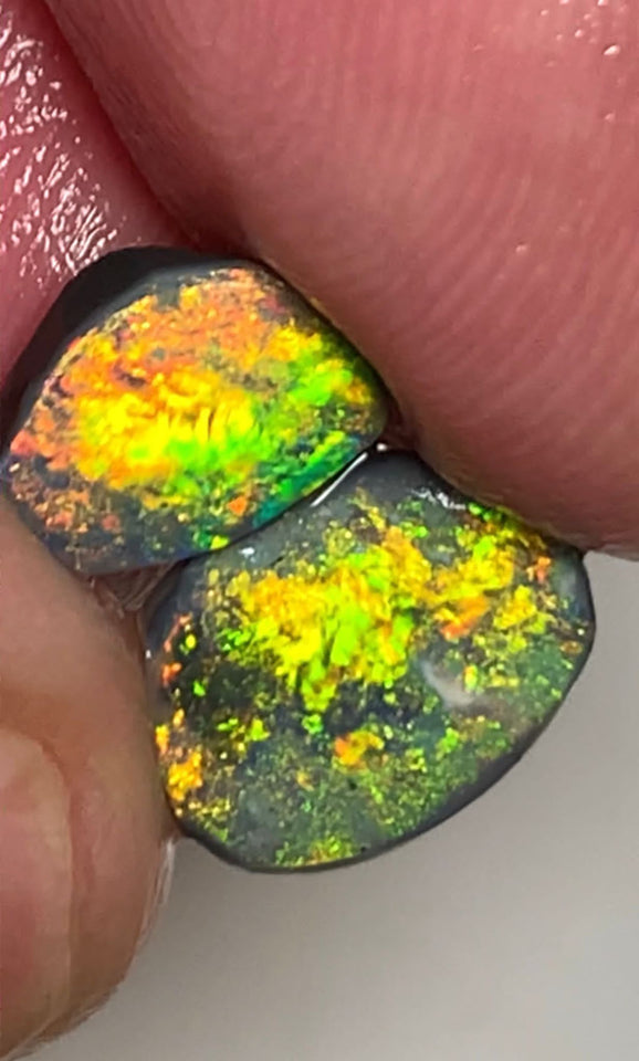 Lightning Ridge Rough / Rub Black opal Pair Miners Bench®  2.2cts Exotic Super Bright Vibrant & Vivid Multifires  11x8x1mm & 9x6x1mm WSU52