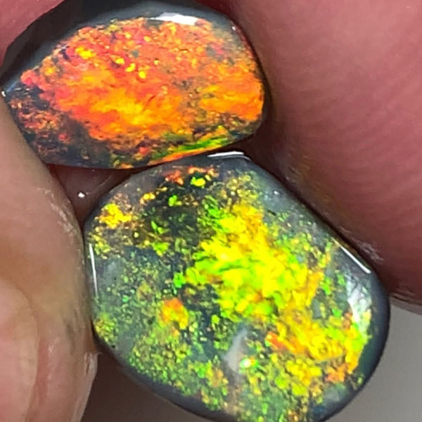 Lightning Ridge Rough / Rub Black opal Pair Miners Bench®  2.2cts Exotic Super Bright Vibrant & Vivid Multifires  11x8x1mm & 9x6x1mm WSU52