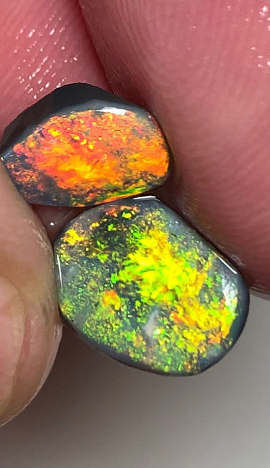 Lightning Ridge Rough / Rub Black opal Pair Miners Bench®  2.2cts Exotic Super Bright Vibrant & Vivid Multifires  11x8x1mm & 9x6x1mm WSU52