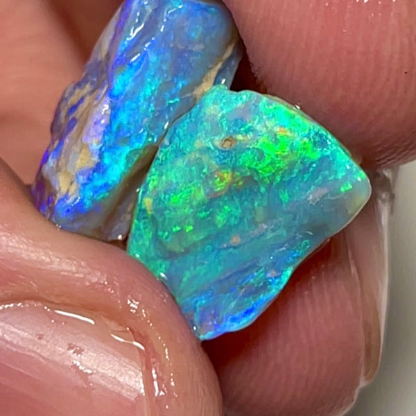 Lightning Ridge 11cts Bright pair of gorgeous Dark base Crystal Opal rough to cut/carve Bright Multicolours 18x10x6mm & 15x10x4mm 1334