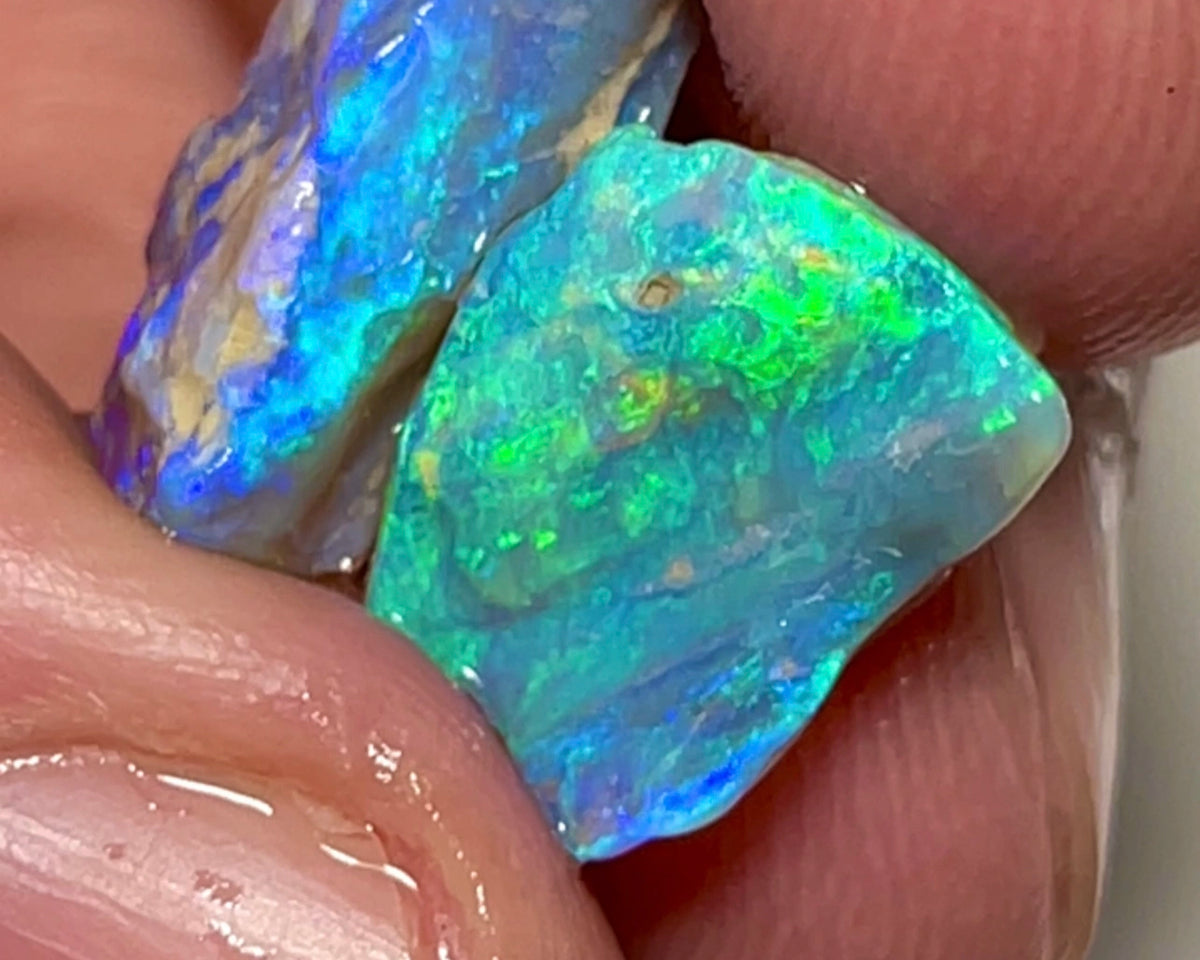 Lightning Ridge 11cts Bright pair of gorgeous Dark base Crystal Opal rough to cut/carve Bright Multicolours 18x10x6mm & 15x10x4mm 1334