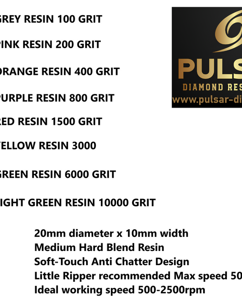 Pulsar Diamond Little Ripper SOFT-TOUCH Medium Hard Diamond Resin wheels kit 20mm diameter x 10mm wide wheels including metal ripper and 2x 3mm shank mandrels Lapidary