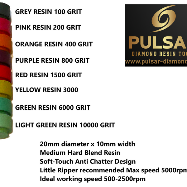 Pulsar Diamond Little Ripper SOFT-TOUCH Medium Hard Diamond Resin wheels kit 20mm diameter x 10mm wide wheels including metal ripper and 2x 3mm shank mandrels Lapidary