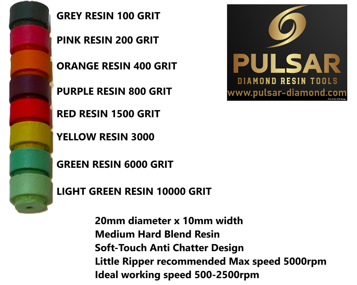 Pulsar Diamond Little Ripper SOFT-TOUCH Medium Hard Diamond Resin wheels kit 20mm diameter x 10mm wide wheels including metal ripper and 2x 3mm shank mandrels Lapidary