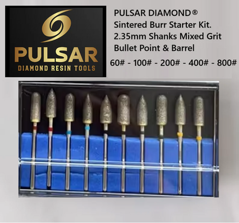 PULSAR DIAMOND® Lapidary Starter Set 10 x Fully Sintered Diamond Burr 2.35mm Shank Bullet & Barrel Points in 60# 100#  200# 400# 800# Grits for grinding Opal & Gemstones, Glass, Stone, Metal Polishing Fits Dremel Foredom & Pulsar tools