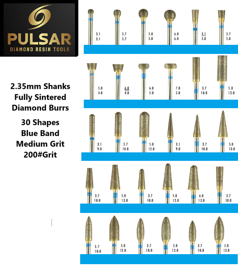 PULSAR DIAMOND® Full Set of 30 shapes 200#Grit Medium Blue Band Fully Sintered Diamond Burr 2.35mm Shank for grinding Opal & Gemstones, Glass, Stone, Metal Polishing Fits Dremel Foredom & Pulsar tools